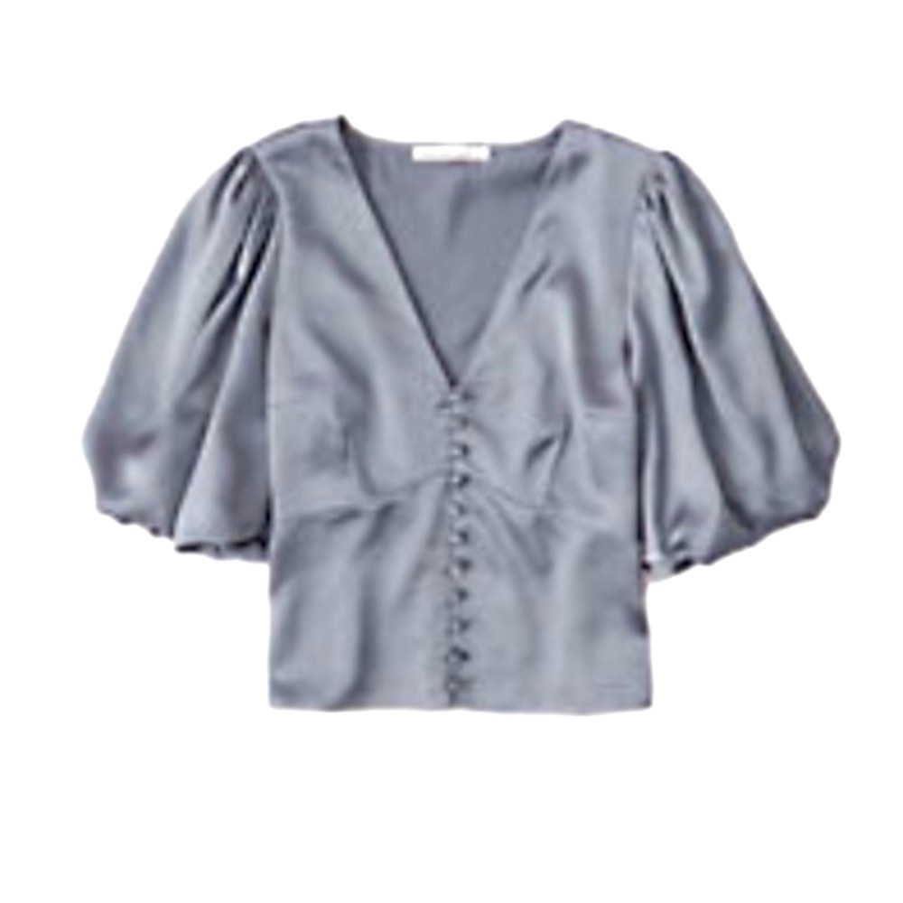 𝅺BLUE Abercrombie & Fitch Satin Puff Sleeve Blouse - Small